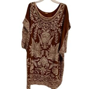 Maeve Anthropologie Silk Dress Womens Size Large Brown Floral Tunic Short Sleeve
